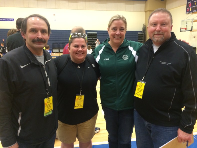 Joe Pisaneschi, Bethany MacNeur, Jenna Bass (CYO Director of Basketball) and George Weivoda are three of the Basketball Commission Members who helped out on Sunday at the championship games.