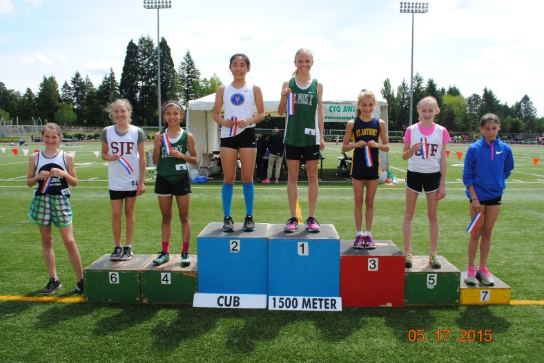 Champion: Chloe Foerster (St. PIus X), Second: Kelly Park (Holy Trinity), Third: Corrina Hatfield (St. Anthony), Fourth: Malea Cesar (St. PIus X), Paige Grant (St. John Fisher), Sixth: Fiona Lenth (St. John Fisher), Seventh: Olivia Silenzi (Valley Catholic), Eighth: Julia Sieber (Our Lady of the Lake)
