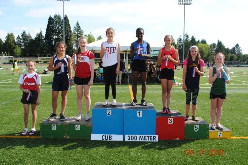 Winners in the 200 meter dash for Cub Girls in the 2015 CYO Meet of Champions